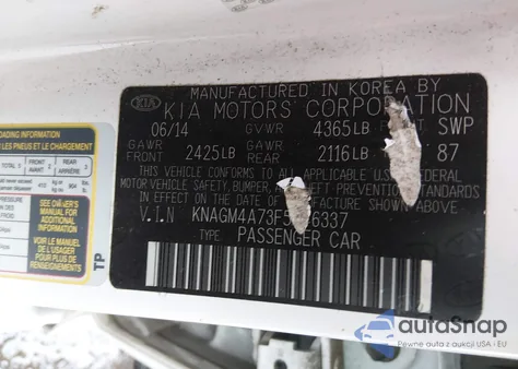 2015 Kia Optima Lx z USA, uszkodzony, nr VIN KNAGM4A73F5546337